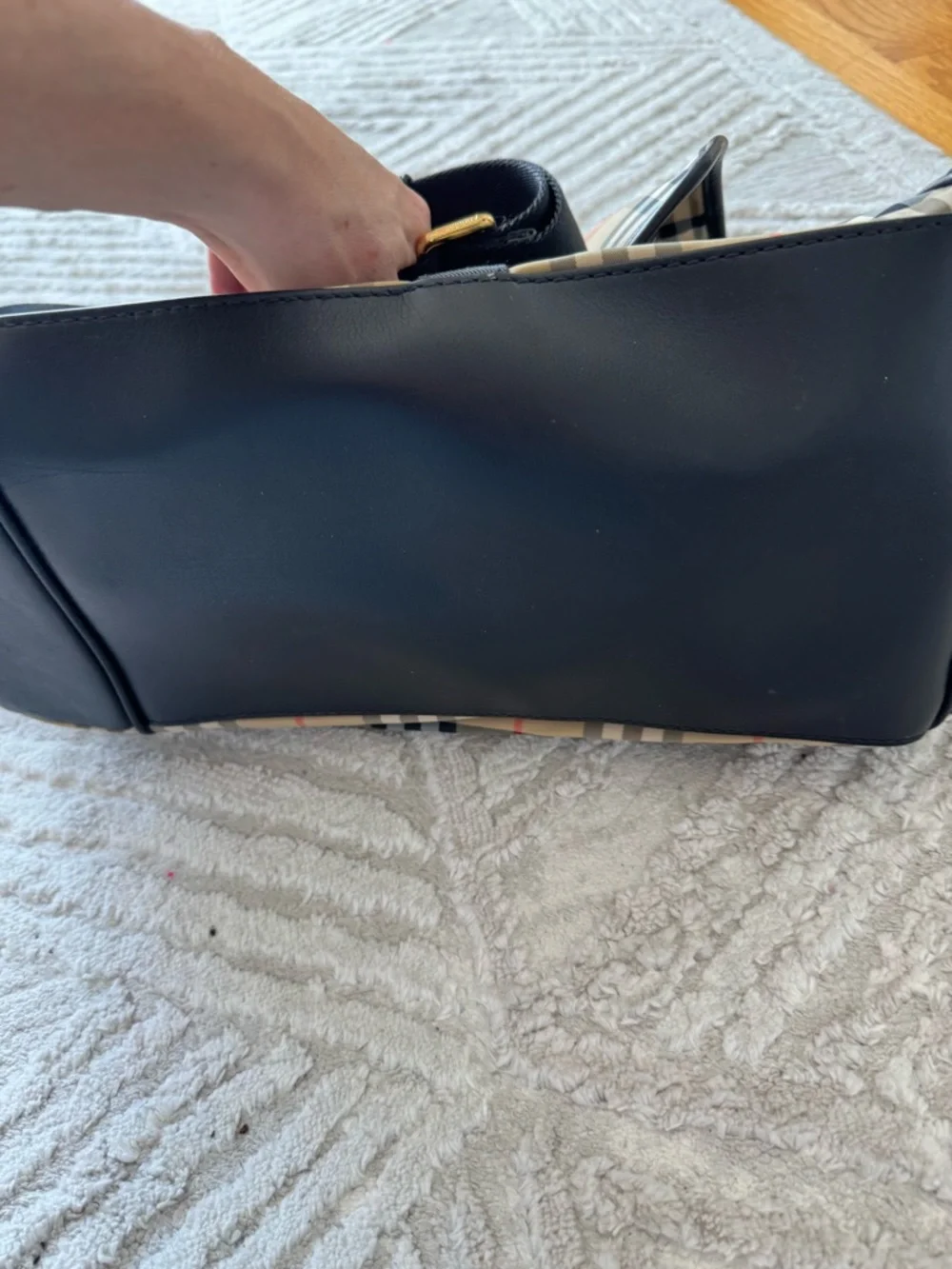 Burberry Beige Check Messenger Bag with Black Trim and Red Accent